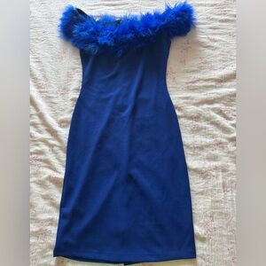 Royal Blue Feather-Trimmed Dress, Vestido Elegante Azul Royal
